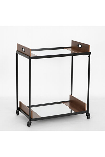 NZONE STORE Black and brown metal and wood double-decker serving cart with wheels