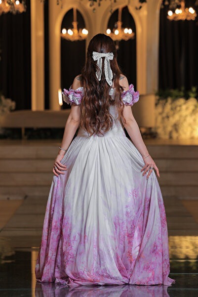 Lara Long white evening dress with pink shades from