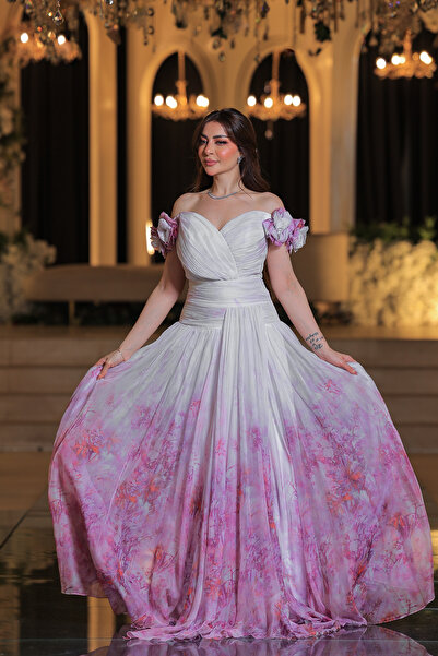 Lara Long white evening dress with pink shades from