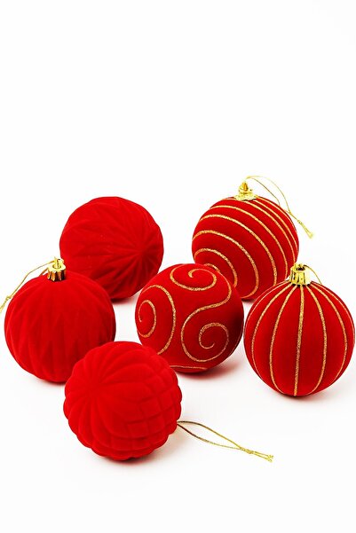 BeySüS Christmas Pine Tree Ornament Velvet Red Ball 8 cm Set of 6