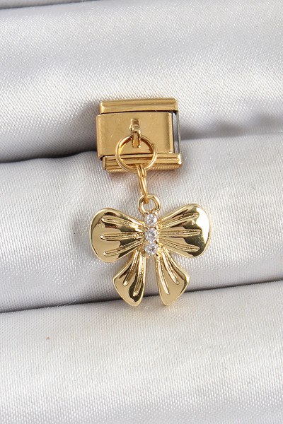 Skygo 316L Steel Dangle Zircon Stone Bow Model Gold Color Nomination Charm - ...