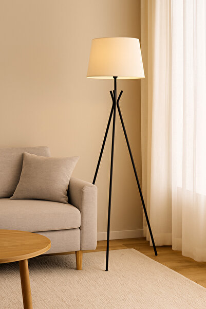 MARIA HOMES مصباح أرضي ثلاثي القوائم عصري - حامل معدني أسود مع غطاء قماشي بيج لغرفة المعيشة وغرفة النوم