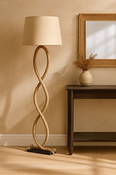 MARIA HOMES مصباح أرضي من الحبل، مصنوع من قماش بني طبيعي مع حامل حبل فني لغرفة المعيشة وغرفة النوم