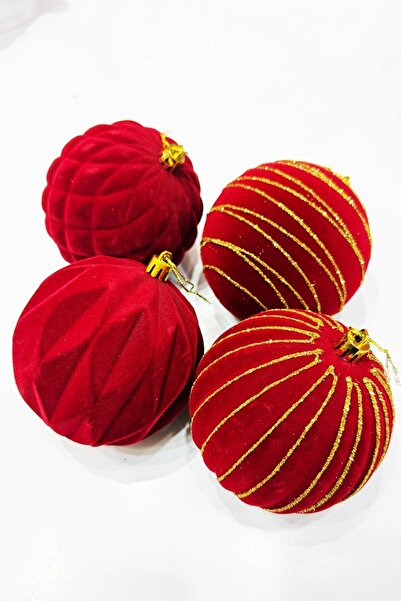 BeySüS Christmas Pine Tree Ornament Set of 4 Velvet Red Ball 10 cm