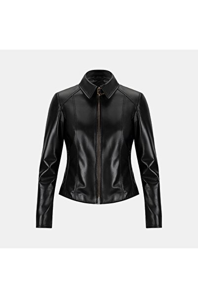 Desa Women's Black Shirt Collar Fit Leather Jacket