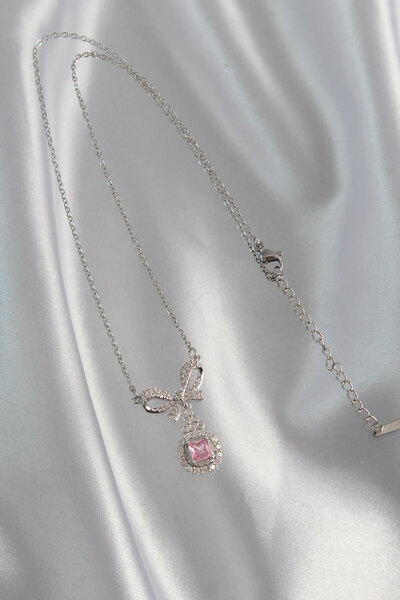 Skygo 316L Steel Silver Color Bow Detail Pink Zircon Stone Solitaire Necklace - Tj-Bko8923