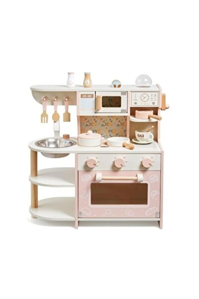 Toyska Bucătărie de jucărie din lemn cu chiuvetă, cuptor, aragaz, cuptor cu microunde și accesorii,