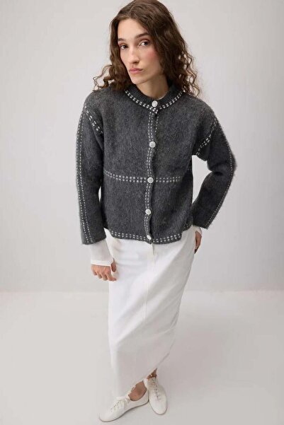 Touche Şardonlu Kontrast Hırka - Antrasıt