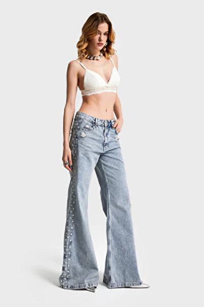 it's basic itsbasic Kadın Kot Rengi Yandan Nakışlı Flare Fit %100 Koton Tasarım Denim