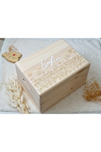 OEM Φυσικό ξύλινο μπαούλο με καπάκι, Αγριολούλουδα, 40 x 30 x 23 εκ., βάπτιση...