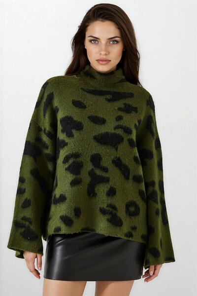 WeShaya Khaki Patterned Half Turtleneck Knit Sweater