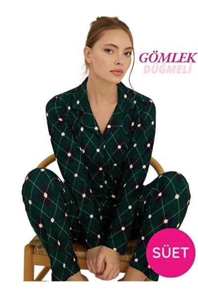 bie's Γυναικείο πράσινο πουκάμισο με γιακά με κουμπιά μπροστά και τσέπη στο στήθος, λεπτό σουέτ χειμερινό μακρυμάνικο σετ πιτζάμες
