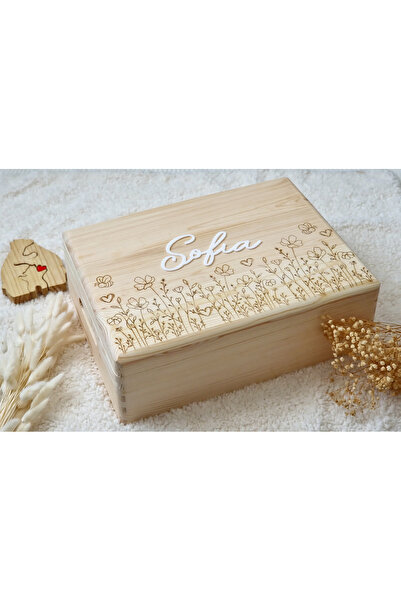 OEM Cutie din lemn natur cu capac, Flori de camp, cadou botez, nou-nascut, ca...