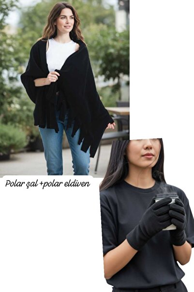 ÇEÇEN HOME Set of 2 Unisex Black Fleece Gloves + Black Fleece Shoulder Shawl ...