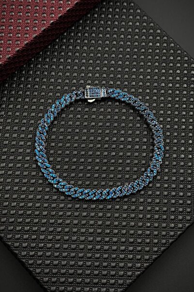 FRNCH 925 Ayar Gümüş Lacivert Zirkon Taşlı Gümüş Renk Erkek Bileklik FRJ12683...