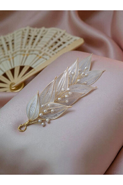 Mirnova Helen Model İncili Özel Tasarım Gold Detaylı Tekli Gelin Tacı - Nikah...