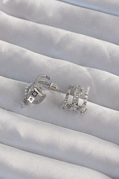 Skygo Brass Silver Color Multiple Zircon Cubic Zirconia Half Hoop Earrings with Pearls - Tj-Bkp9316