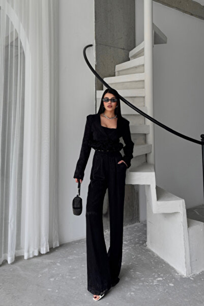 Kanonik Education Jacquard Blazer Design Detail Jacket-Pants-Blace 3 Piece Set - Black