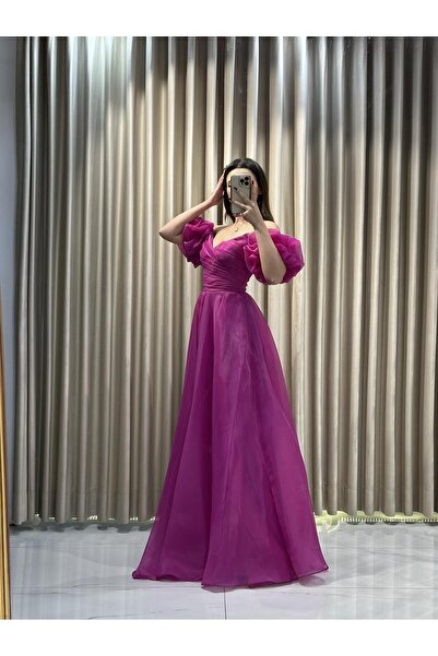 Kaleiçi Yıldızlar Fuşya Balon Kol Kloş Tül Abiye 5162