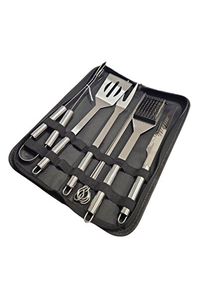 OEM Set de 9 ustensile pentru grătar,din oțel inoxidabil,cu 4 tepuse frigărui și geanta,39x13x5cm