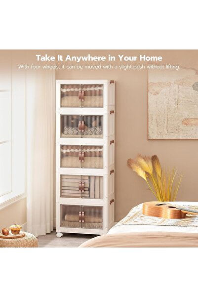 Xess 5-Tier Plastic Storage Bins with Lids, Stackable Foldable Cabinet, 60x36x176 cm, White