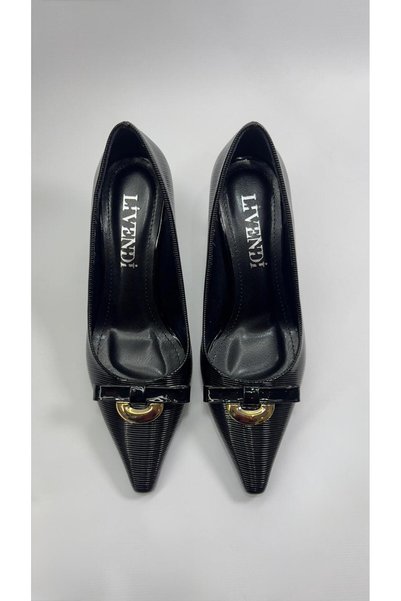 LİVENDİ SHOES Women's Black Patent Leather Buckle Pointed Toe Thin Heeled Classic Shoes Stylish Elegant Style