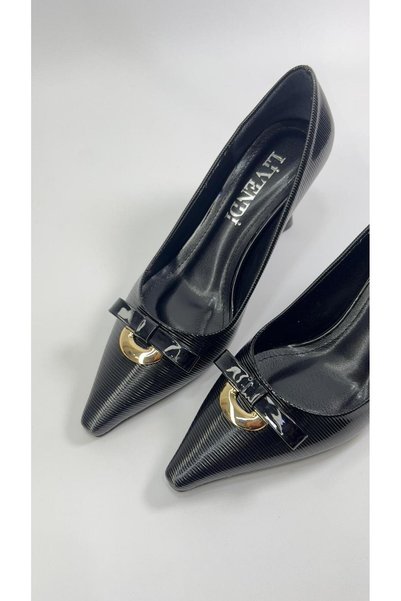 LİVENDİ SHOES Women's Black Patent Leather Buckle Pointed Toe Thin Heeled Classic Shoes Stylish Elegant Style