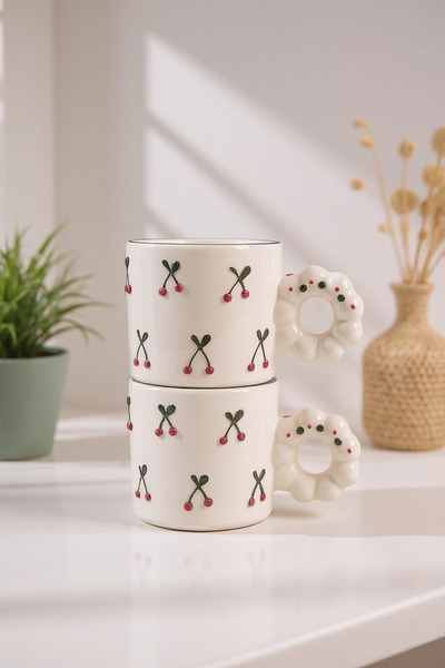 nutyaart 2 Pieces Cherry Model Pearl Handle Mug