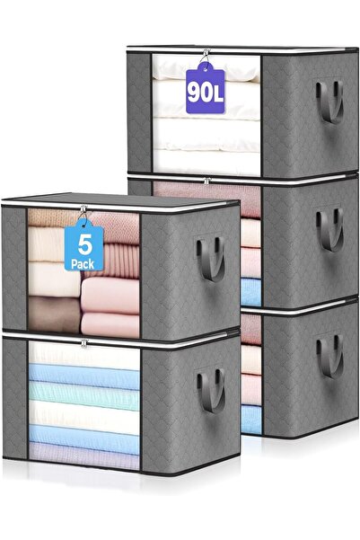 Xess 90L Large Storage Bags, 5-Pack Foldable Clothes Storage Organizers with Handles