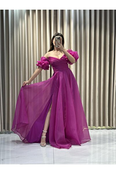 Kaleiçi Yıldızlar Fuşya Balon Kol Kloş Tül Abiye 5162