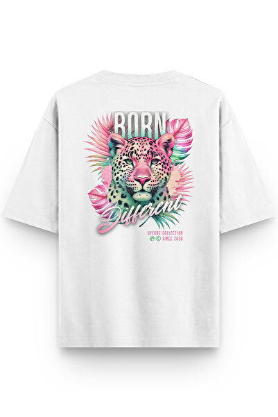 Overoz Born Different Leopard Leopard Back Printed Semi Oversized White Tshirt 1403