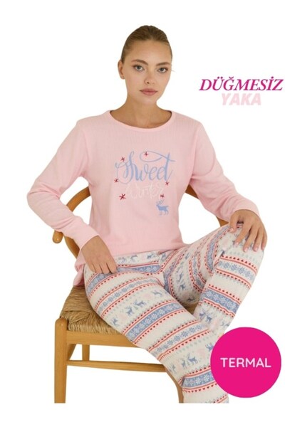 bie's Set de pijamale de iarnă pentru femei, roz, guler rotund fără nasturi, elastic la glezne/jogger, moale, termică