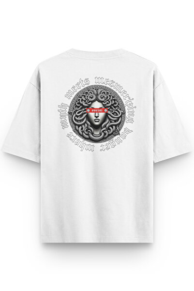 Overoz Medusa Back Printed Half Oversized White Tshirt 1398