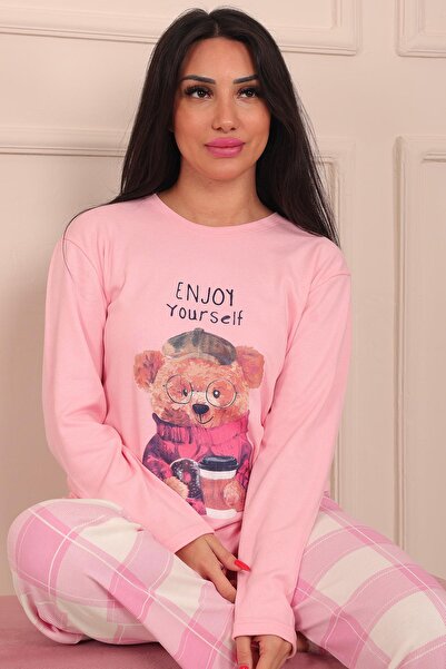 Niket Life Kadın Teddy Bear Desenli Sloganlı Bisiklet Yaka Uzun Kol Altı Uzun İnterlok Penye Pijama Takımı
