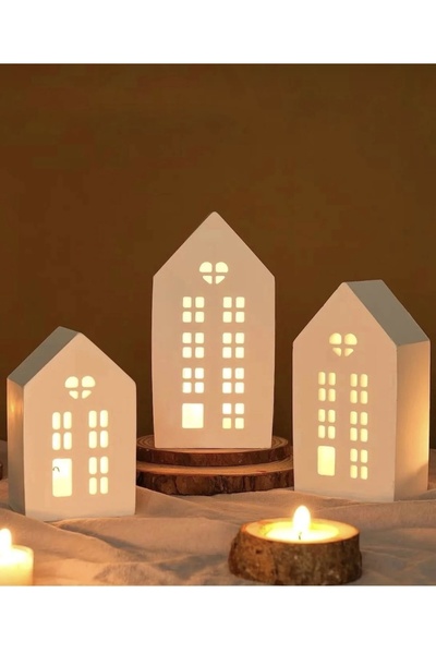 magnocandles 3’lü Kış Evi 3 adet pilli tealight mumluk dahil (21cm-19cm-16 cm)