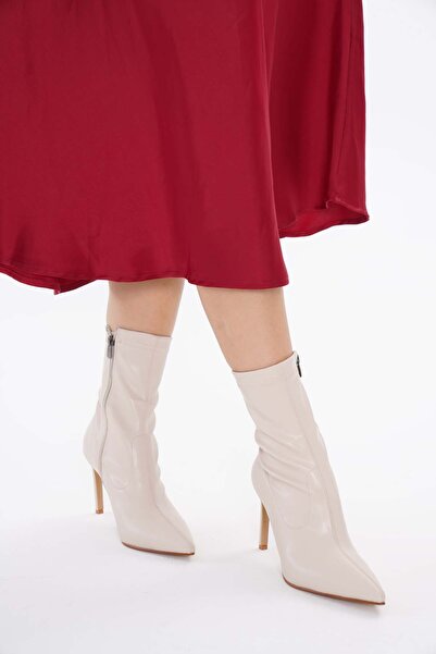 nuvilo Beige Skin Stretch 8.5 cm Thin Heel Pointed Toe Women's Zipper Boots