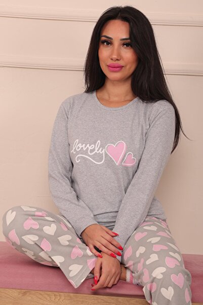 Niket Life Kadın Lovely Sloganllı ve Altı Kalp Desenli Bisiklet Yaka Uzun Kol Altı Uzun Penye Pijama Takımı