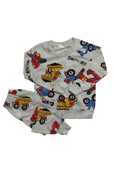 Arya Nisa Kids Boys' Gray Yellow Working Machine Printed 100% Cotton Pajama Set