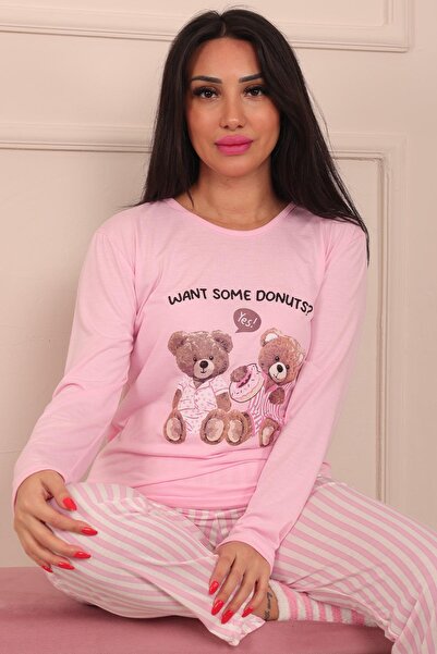 Niket Life طقم بيجامة نسائي من الفيسكوز بأكمام طويلة وياقة دائرية وستة خطوط عمودية منقوشة على شكل دمية دب