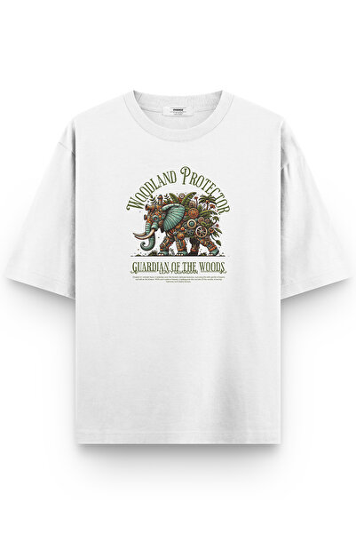 Overoz Elephant Printed Yarı Oversized White Tshirt 1400