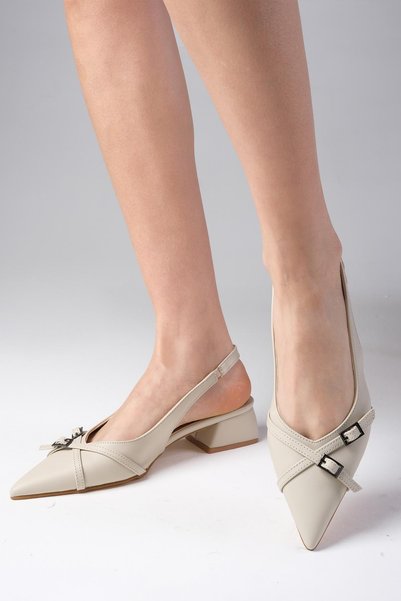 Butik Leia Beige Color Open Back Pointed Toe Short Heeled Women's Shoes