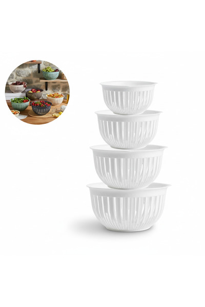 Köken Set of 4 durable plastic bowls for salads, fruits, cooked food, 0.45/1.6/3.6/5.6 L, BPA free, White