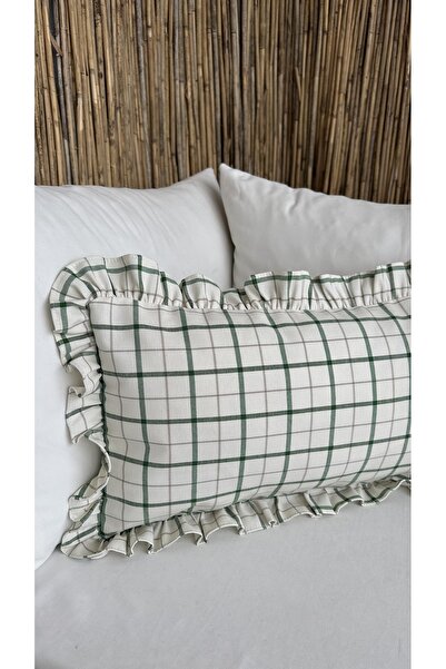 Decamor home Linen Ruffled Ecru Green Striped Throw Pillow Cover 1St. Quality 1 Piece