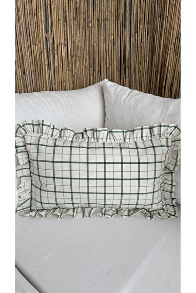 Decamor home Linen Ruffled Ecru Green Striped Throw Pillow Cover 1St. Quality 1 Piece