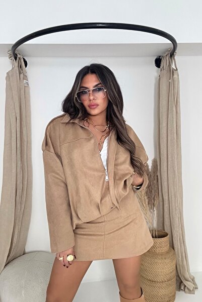 Sohotique By P Zr Model Suede Look Bomber Jacket Beige