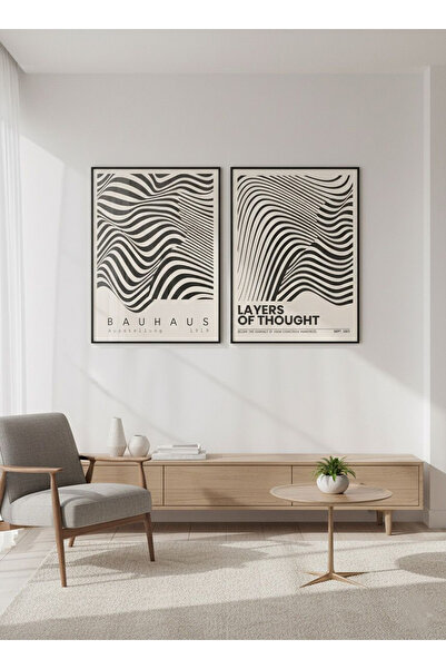 Linacci Σετ 2 Μαύρο Μεταλλικό Πλαίσιο Λευκά Κύματα Γυάλινο Σετ Πίνακα