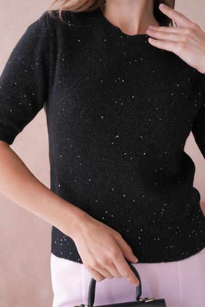 Relax Mode Kadın Sim Detaylı Kısa Kollu Siyah Triko Bluz - 8563R