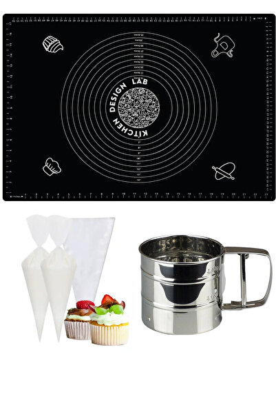 Atlas Mutfak بساط لف العجين من السيليكون باللون الأسود مقاس 45x65 سم ومنخل دق...