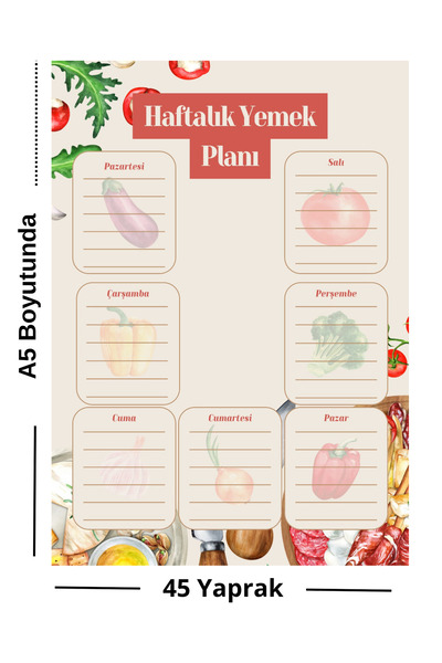 Ez&Tu Stıcker Haftalık Yemek Planı A5 Not Defteri – 45 Yaprak