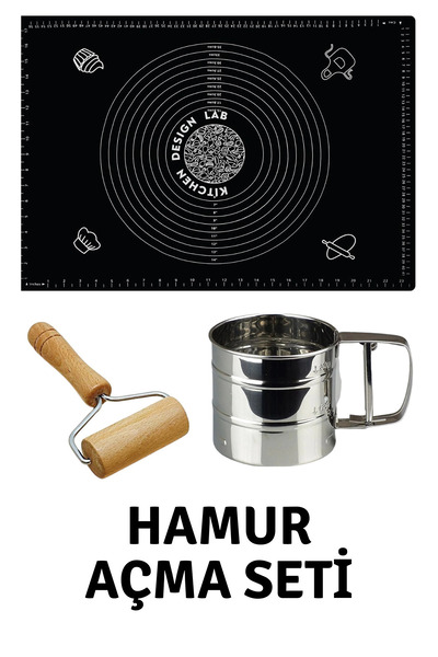 Atlas Mutfak بساط لف العجين من السيليكون باللون الأسود مقاس 45x65 سم ومنخل دق...